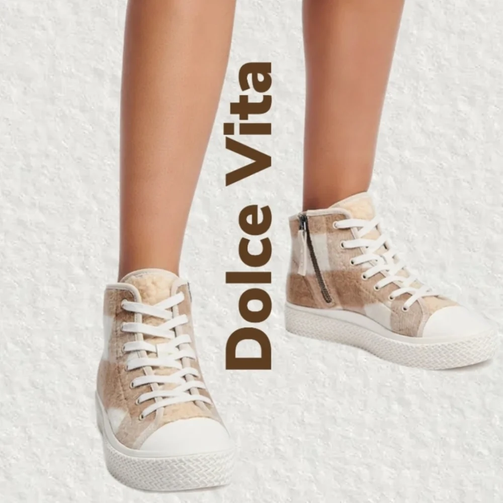 Dolce Vita Veola Plaid Cream-Tan Leather Fabric Hi-Top Casual Sneakers Sz 10
